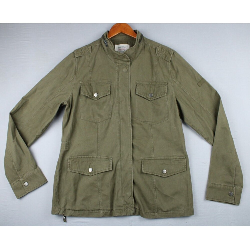 Ashley by 26 International Utility Jacket Drawstring Zipper Snap Green Large